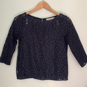 LOFT Navy 3Q Sleeve Cotton/Nylon Cutout Top